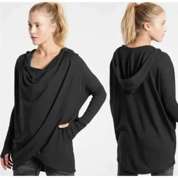 Athleta Purana Wrap Hooded Sweatshirt Black Super Soft Size Medium #486073 - Picture 1 of 5